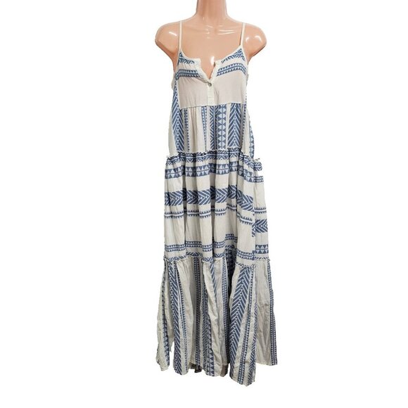 Meo Meli Flared Layered Strappy Maxi Sun Dress Women One Size White Blue Cotton - Picture 1 of 11